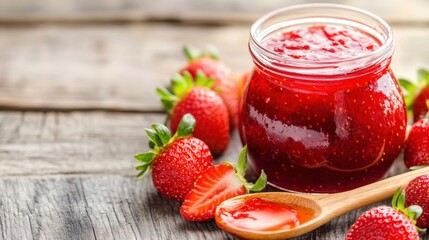 Poster - A jar of strawberry jam with a wooden spoon next to it, AI