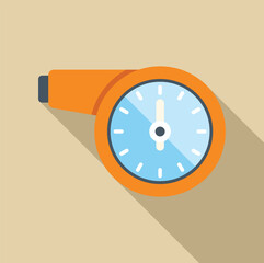 Poster - orange whistle shaped clock showing five o'clock on beige background with long shadow