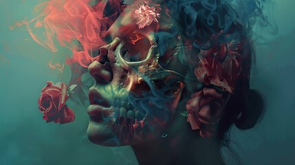 Wall Mural - A woman's face is obscured by a skull, with smoke and roses surrounding her.