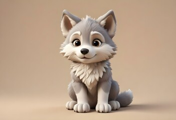 adorable cartoon style, Small brown wolf cub with a playful expression, tongue out, on a muted taupe background., 3d render cartoon, vibrant color palette