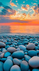 A sunset over the ocean with a lot of blue rocks on the beach