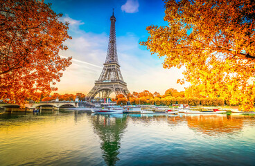 Wall Mural - paris eiffel tower and river seine with sunrise in paris, france at fall day. eiffel tower is one of