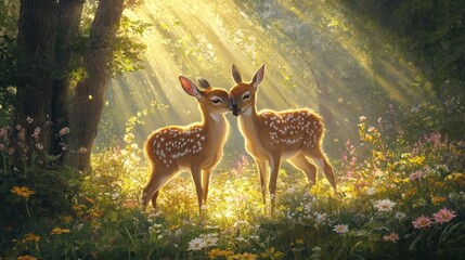 Canvas Print - Two Fawn Deer in Sunlit Forest