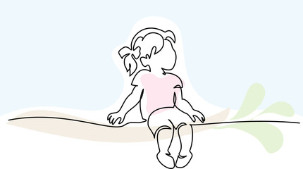Wall Mural - cute baby girl sitting on the white background. continuous one line art drawing
