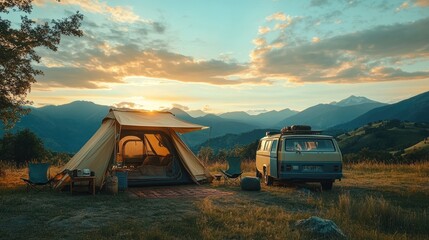 Sticker - Camping Adventure at Sunset with Mountain Views