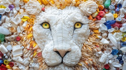 Sticker - A lion head made of plastic cups and other items, AI