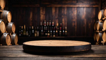 Wall Mural - The empty black wooden table top with blur background of wine barrels. For product display