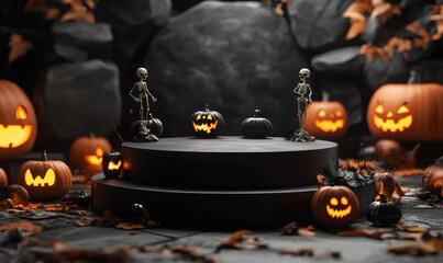 Black podium with two skeletons, jack-o-lanterns, and fall leaves.