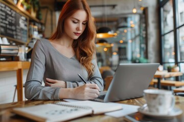 Young business woman in gray dress sitting at table in cafe and writing in notebook. On table is laptop, smartphone and cup of coffee. Freelancer working in coffee shop. Student learning online.