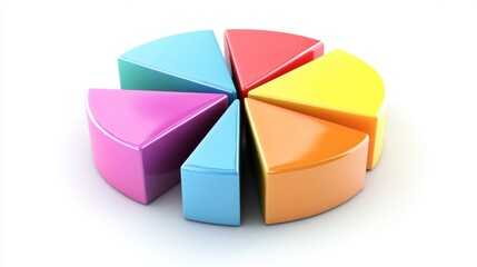 Aufkleber - A dynamic 3D pie chart with segments in various bright colors, each section floating slightly above a white surface, symbolizing data analysis and statistics.
