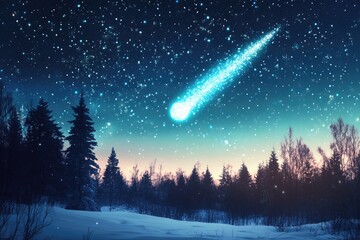 Wall Mural - Comets In Night Sky. Christmas Night with Starlit Winter Forest and Falling Comet