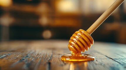 Poster - A wooden stick with honey dripping from it on a table, AI