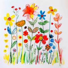 Wall Mural - A child's drawing of a field of colorful flowers