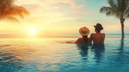 Sticker - Couple Relaxing in Infinity Pool at Sunset