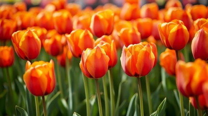 Poster - A field of blooming orange tulips swaying gently in the breeze, with the bright flowers creating a colorful and lively scene.