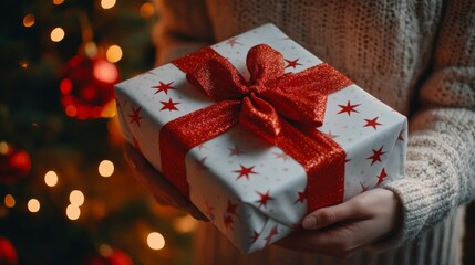 Wall Mural - Festive gift wrapped in red ribbon held by cozy sweater-clad person near christmas tree