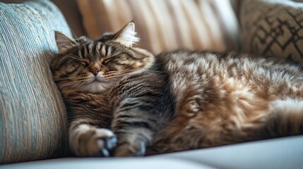 Poster - A fluffy, overweight cat snoozing peacefully, captured up close with its eyes closed and its round body comfortably sprawled across a sofa.