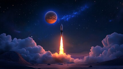 A stylized rocket blasts off into the night sky, leaving a trail of fire and smoke. The rocket is silhouetted against a starry sky with a distant planet visible in the background. The scene symbolizes