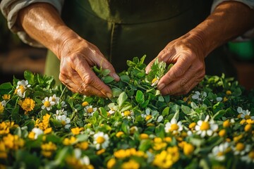 A close-up of hands preparing a herbal remedy with fresh plants, showcasing the traditional practices of alternative medicine in a home setting.