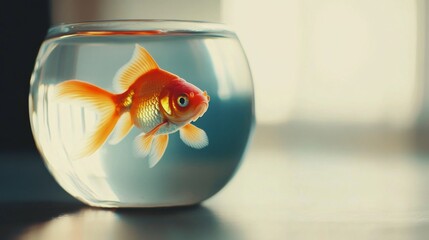 Poster - A goldfish in a small, elegant fishbowl with a minimalist setup, showcasing its bright orange color against a simple background