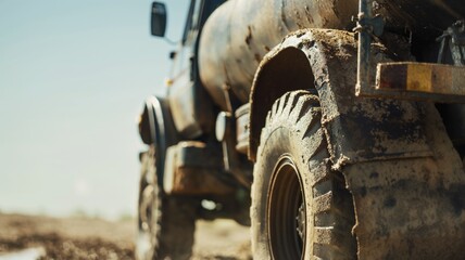 Close-Up Image of a Muddy Truck Tire Showcasing Detailing and Texture with Mud Accumulation on a White Background