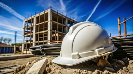 Wall Mural - Construction site at sunset with a safety helmet in focus near modern buildings under construction and surrounding materials.