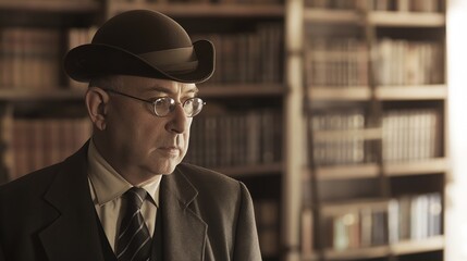 Pensive elderly man in a brown tweed suit and vintage hat stands thoughtfully in a vast library filled with books and knowledge