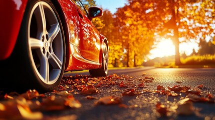 a vibrant red car parked on a scenic road lined with colorful autumn leaves and illuminated by warm 