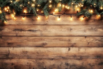 Wall Mural - Festive string lights and pine garland on wooden background for cozy holiday decor