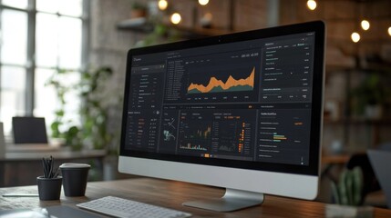 Aufkleber - A high-resolution image of a business dashboard on a monitor, featuring real-time graphs and analytics in a tech-savvy workspace.