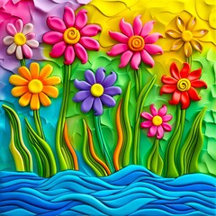 Wall Mural - A painting of colorful flowers on a blue background