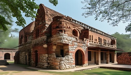 An ancient building displaying a unique masonry structure with a peaceful surrounding environment, suitable for viewing the combination of history and nature.