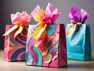 Wall Mural - Colorful gift bags filled with tissue paper, ready to be opened for a celebration. The bright colors and festive appearance make it a joyful and exciting part of the birthday gift-giving experience.