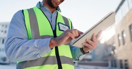 Aufkleber - Engineering, tablet and hands with man in city for project management, digital blueprint and planning. Architecture, technology and structural design with closeup of contractor for urban development