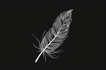 A simple white line drawing on a black background of a delicate feather floating in the air. The contrast emphasizes the lightness and elegance of the feather.