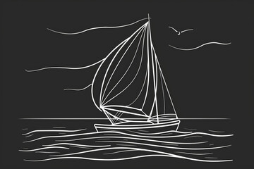 A simple white line drawing on a black background of a sailboat with sails full of wind. The design captures the serene feeling of a peaceful day at sea.