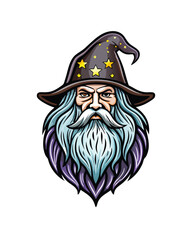 Editable stroke vector illustration of a wizard with a long beard and a pointed hat.