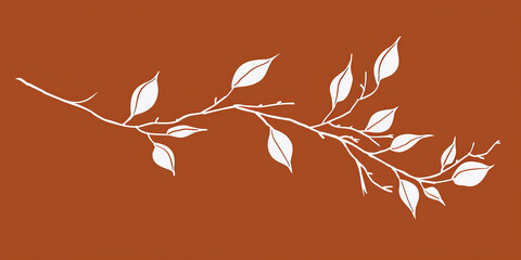 Wall Mural - A simple white line drawing on a burnt orange background of a tree branch with a few leaves. The vibrant color emphasizes the natural beauty of the foliage.