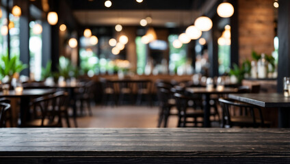 Wall Mural - The empty black wooden table top with blur background of restaurant. For product display