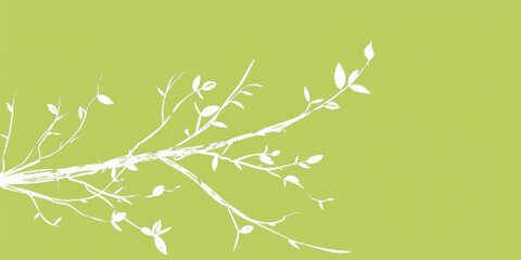 Wall Mural - A simple white line drawing on a lime green background of a tree branch with a few leaves. The vibrant color highlights the freshness and energy of the natural world.