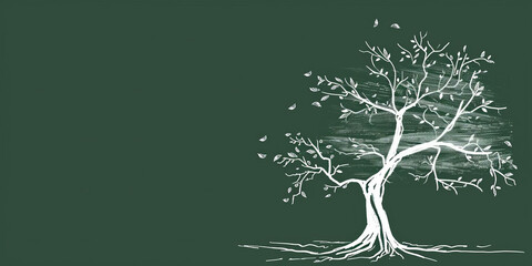 Wall Mural - A simple white line drawing on a forest green background of a tree with thick branches and leaves. The deep color emphasizes the natural strength and vitality of the tree.