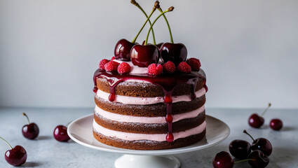 A delicious cherry cake topped with fresh cherries and whipped cream, elegantly presented on plate with additional cherries on the side.