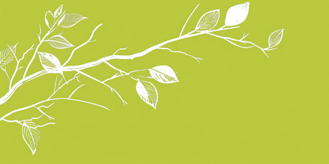 Wall Mural - A simple white line drawing on a lime green background of a tree branch with a few leaves. The vibrant color highlights the freshness and energy of the natural world.