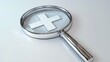 © Pricha.RT - 3D rendered magnifier glass focusing on a white plus sign, with generous copy space for promoting positive mindset and healthcare concepts.