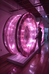 Wall Mural - a man stands in front of a large, glowing pink circle
