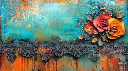 Wall Mural -   A close-up of a painting featuring flowers against a blue and orange backdrop, framed by a lace border at its base