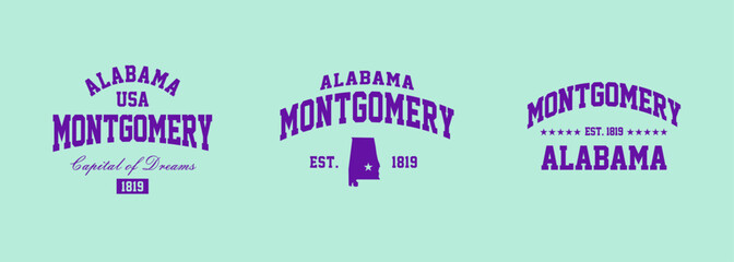 Wall Mural - Set t-shirt stamps graphic, Alabama logo travel wear typography emblem Montgomery vintage tee print, sport apparel design shirt graphic print