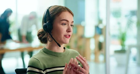 Canvas Print - Woman, call center and advice by computer in office with headphone, listen and crm with tech support. Person, agent and consulting by pc, smile or service with solution for customer care in workplace