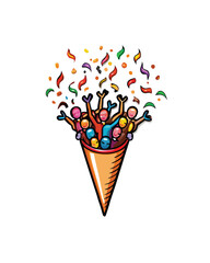 Wall Mural - Editable stroke vector of confetti raining down on a party cone.