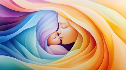 Sticker - A painting of a woman and her child kissing each other, AI